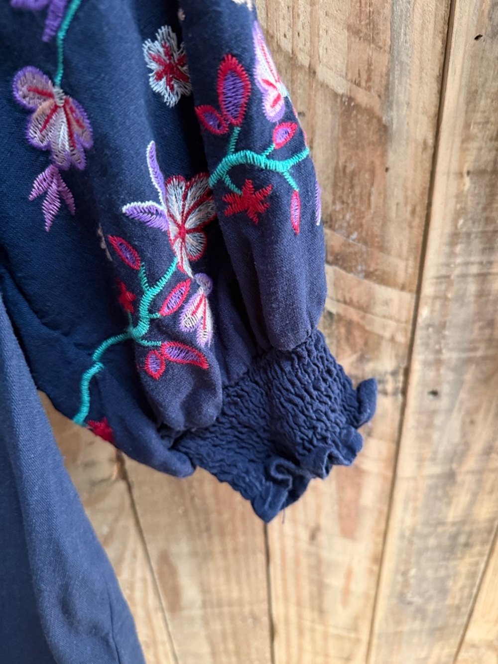 Umgee Navy Embroidered Blouse with Floral Sleeves - Picture 6 of 7